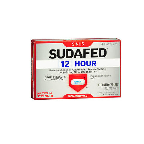 Sudafed Pe, Sinus Congestion Pseudoephedrine Hcl Coated Caplets Maximum Strength 12 Hour, 10 Tabs Sudafed Pe