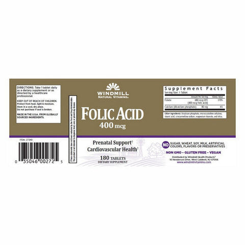 Windmill Health, Folic Acid, 400 mcg, 180 Tabs Windmill Health