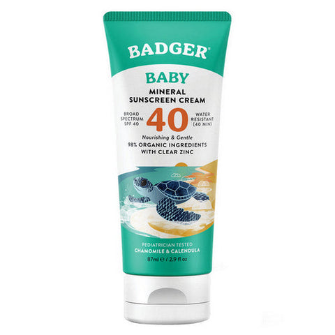 Badger Balm, Baby Mineral Sunscreen Cream SPF 40 Chamomile And Calendula, 2.9 Oz