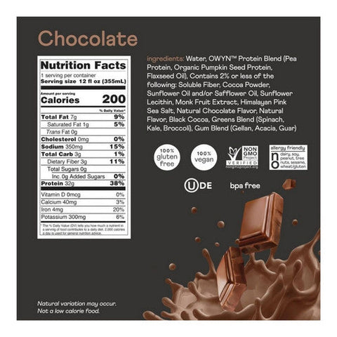 Owyn, Plant Based Pro Elite Chocolate Protein Drink, 12 Oz(Case Of 12)