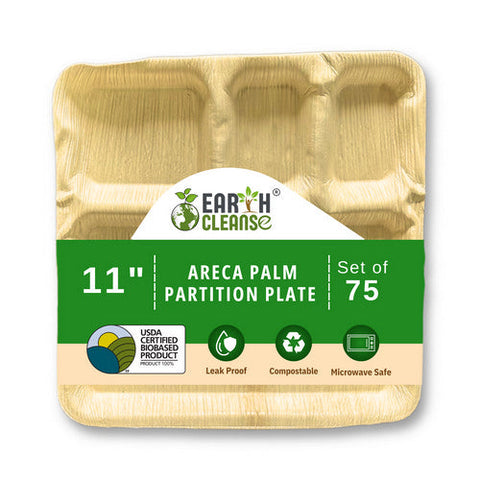 Earth Cleanse, Areca Palm Leaf Square Partition Plates 11-Inch, Pack of 75 Earth Cleanse